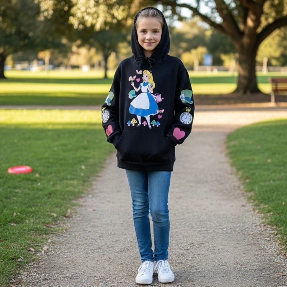 Disney‎ Alice in Wonderland Black Pullover Hoodie Juniors L 11/13 Embroidered